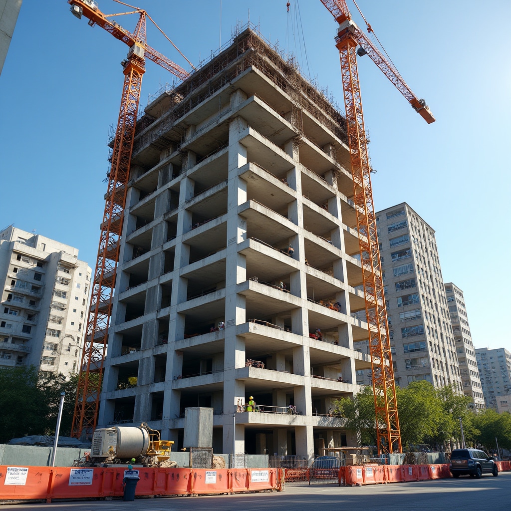 Active construction site showing development progress with cranes and building framework
