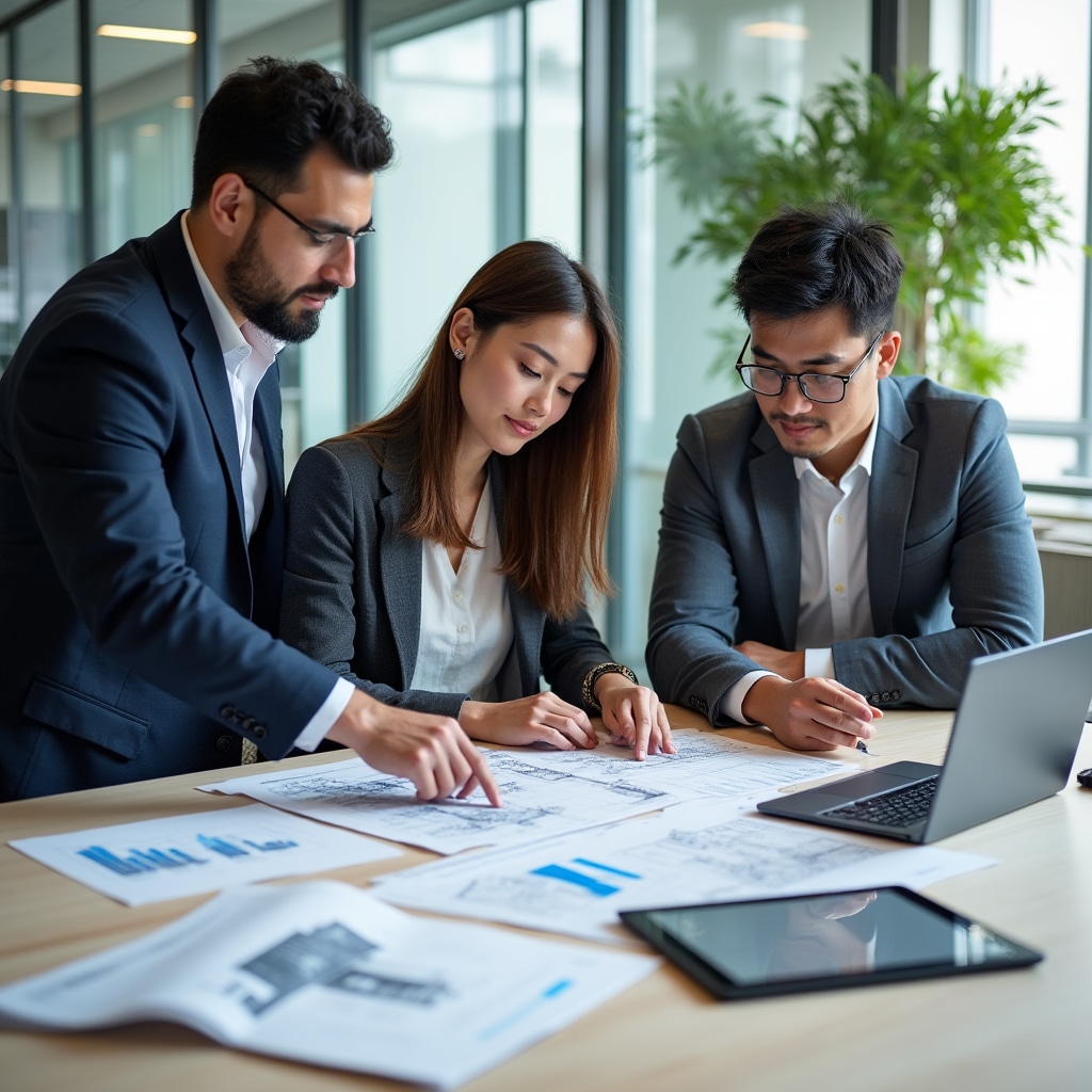 Professional team analyzing real estate investment documentation and project structures