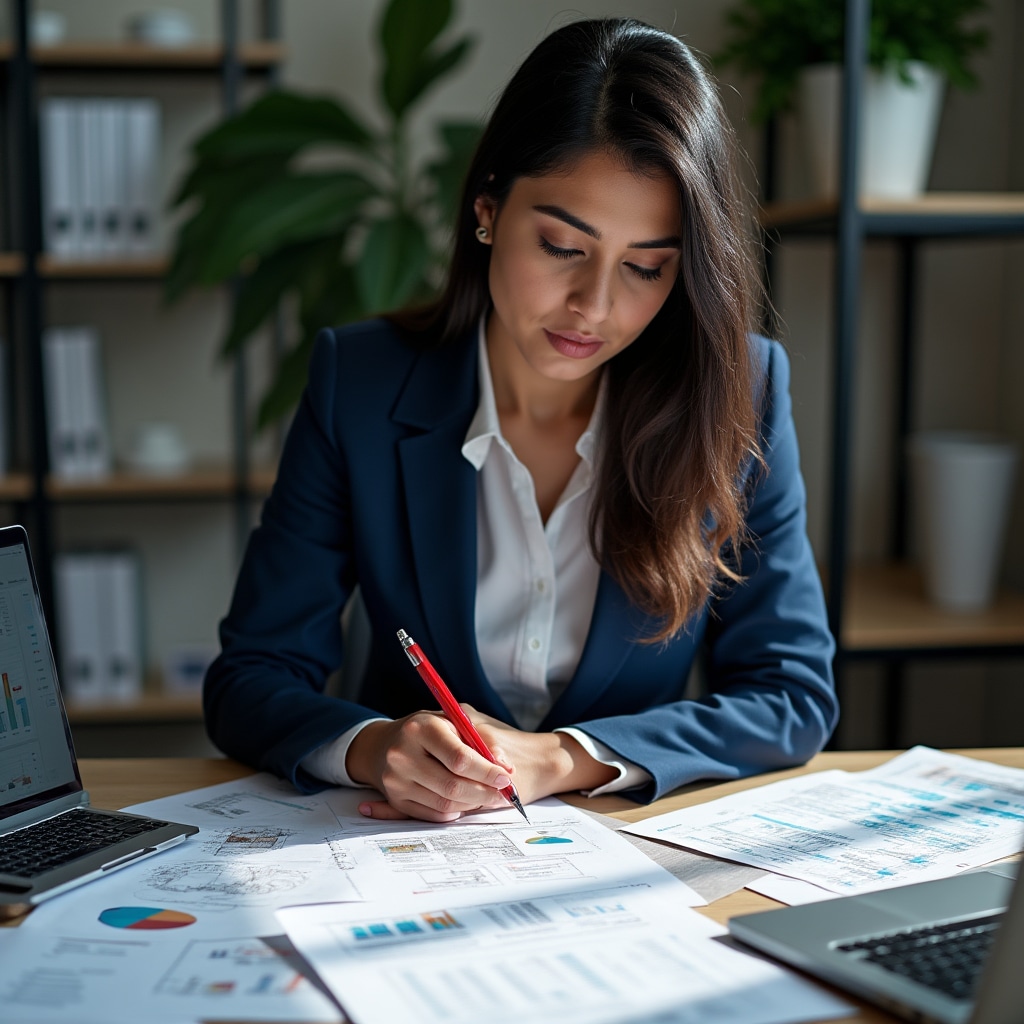 Professional analyzing risk factors and documentation for real estate crowdlending projects