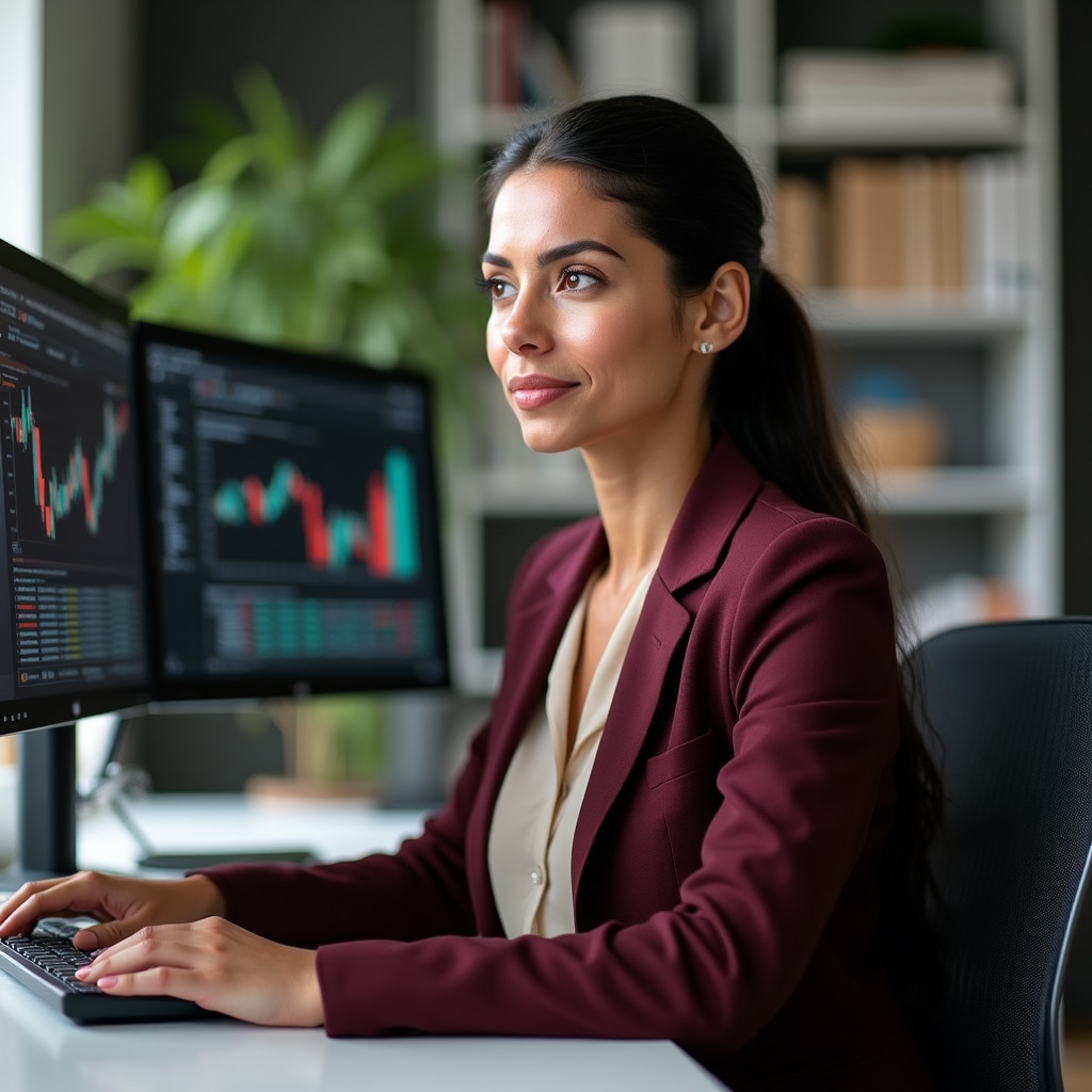 Female research specialist analyzing real estate market data and crowdlending trends