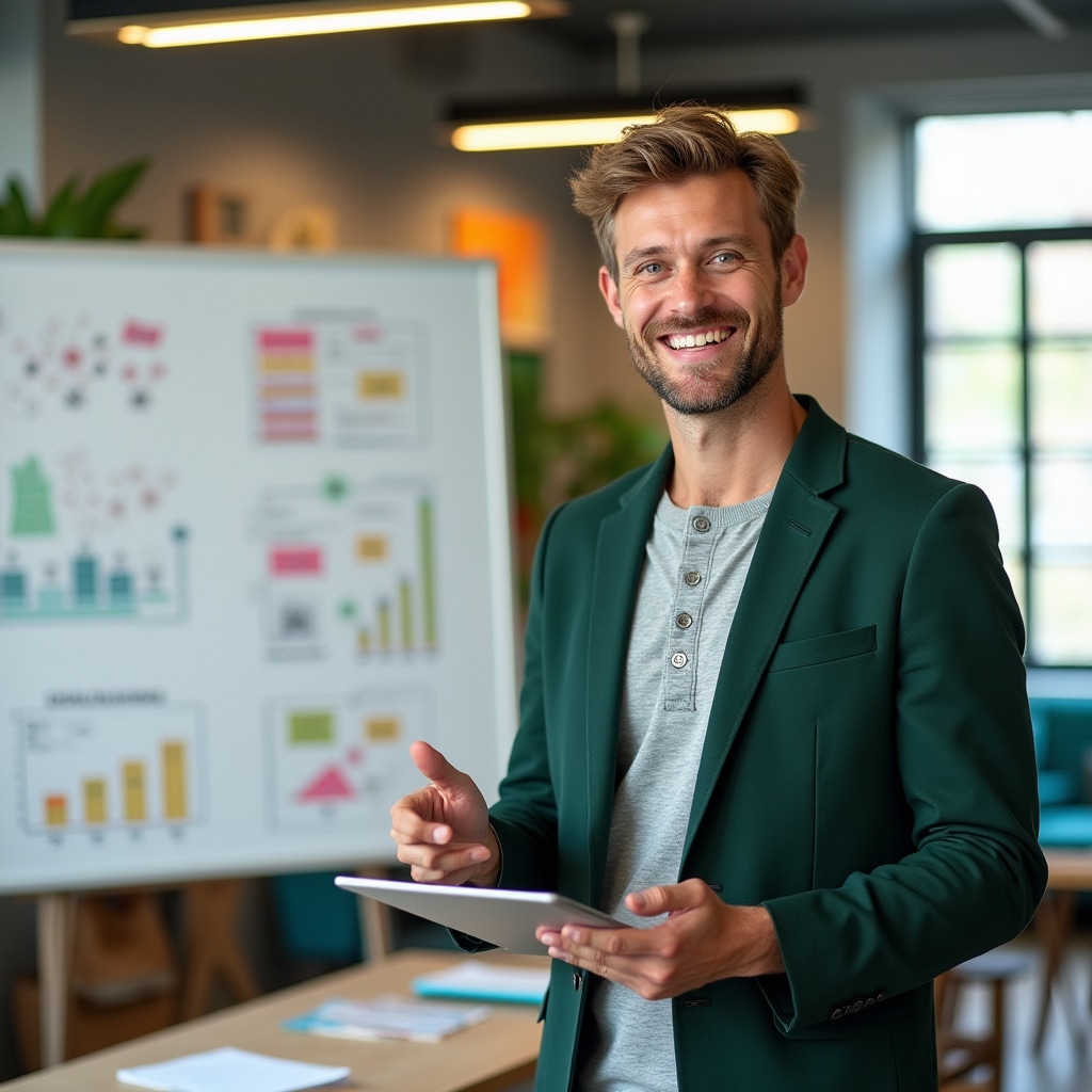 Male education coordinator preparing real estate crowdlending educational materials